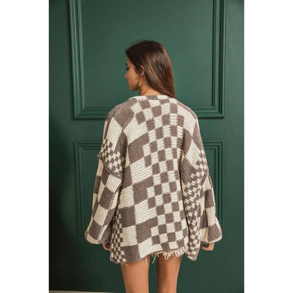 NEW BIBI chunky checkered cardigan in mocha - Picture 2 of 4
